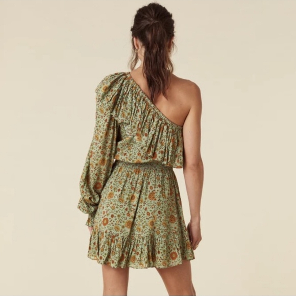 Spell Lady Untamed One-Shoulder Ruffle Floral Mini Dress in Sage and Mustard - Picture 4 of 7